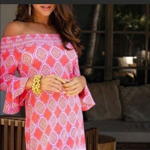 Cabana Life Coral Geo off the shoulder dress - Sz M